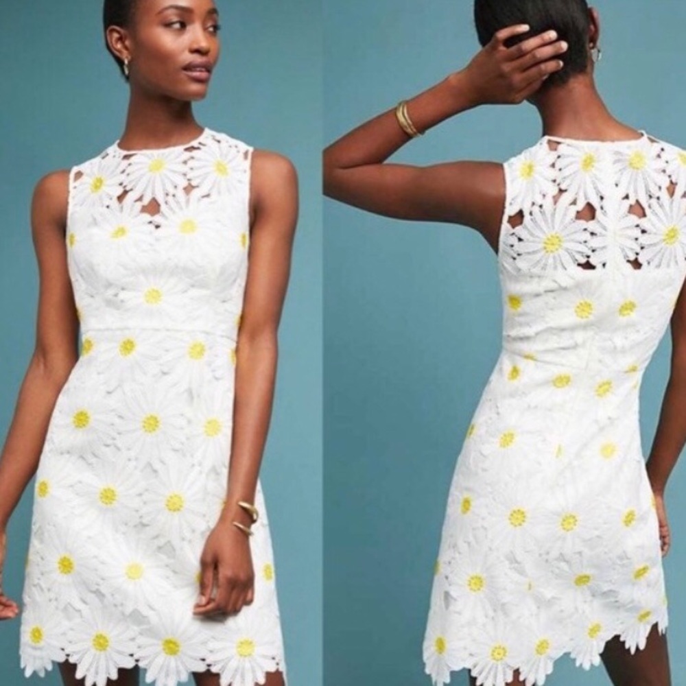 Anthropologie Hutch Daisy White & Yellow Overlay Lace Dress
